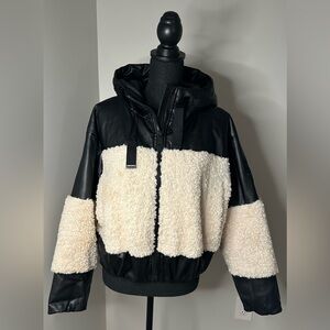 EUC!! DKNY FAUX LEATHER & SHERPA BOMBER STYLE JACKET W/ HOOD